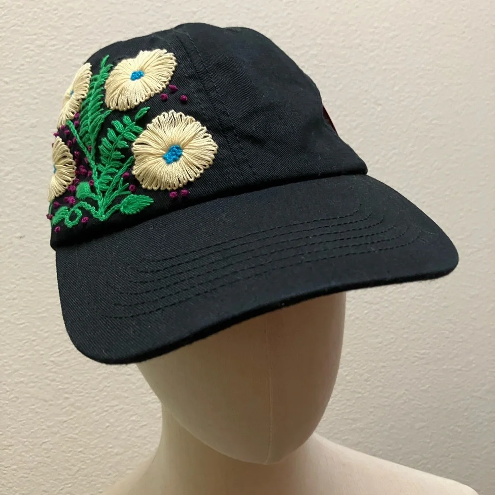 Floral Hand Embroidered Black Cap Adjustable Summer Handmade Boho Hippie Fashion